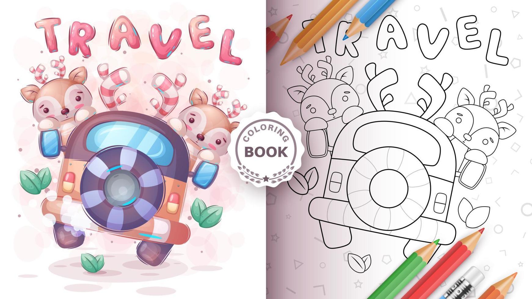 Deer travel in the car - coloring page vector