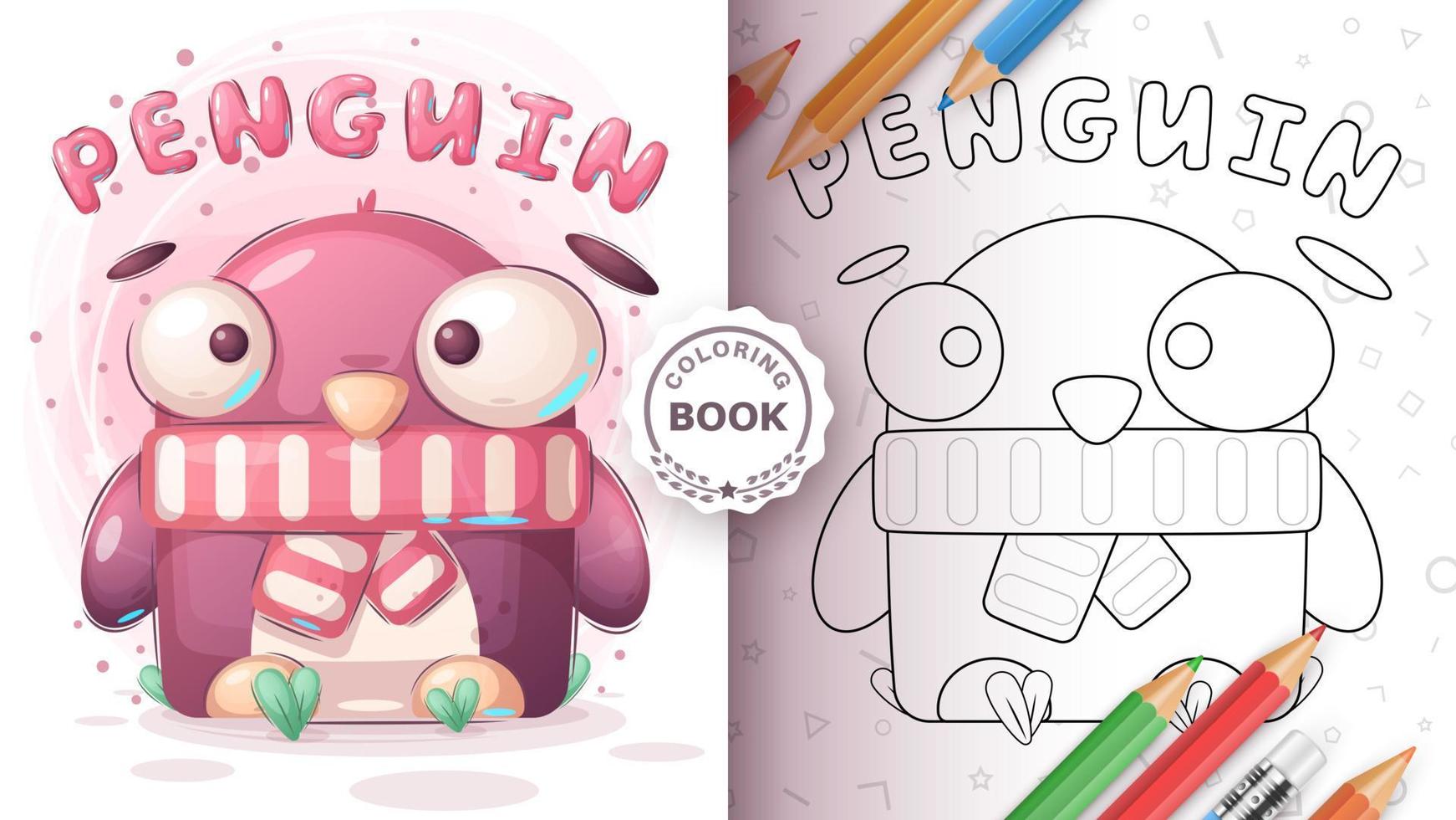 Cute teddy penguin - coloring page vector