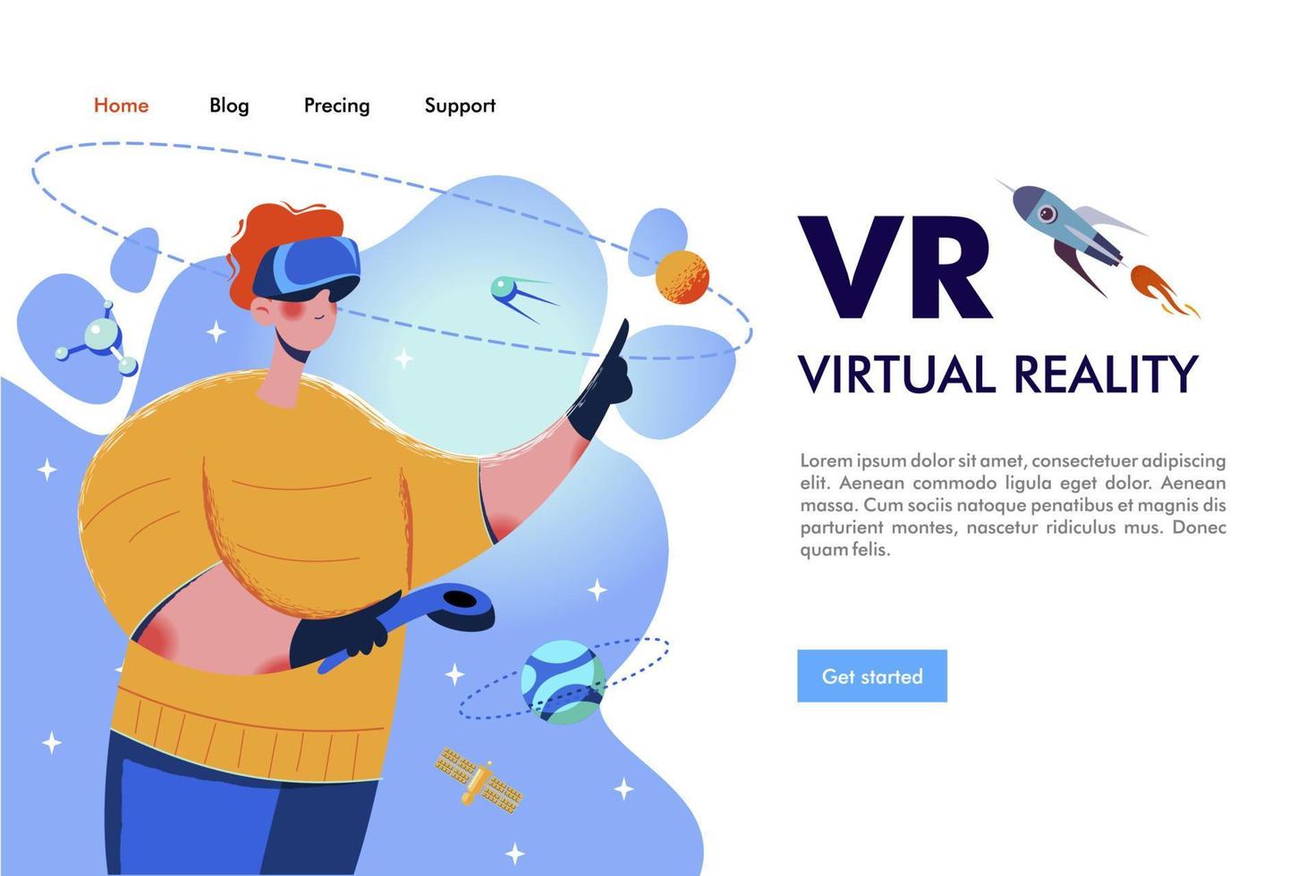 un hombre con gafas de realidad virtual. aventuras en el espacio exterior. ilustración vectorial. vector