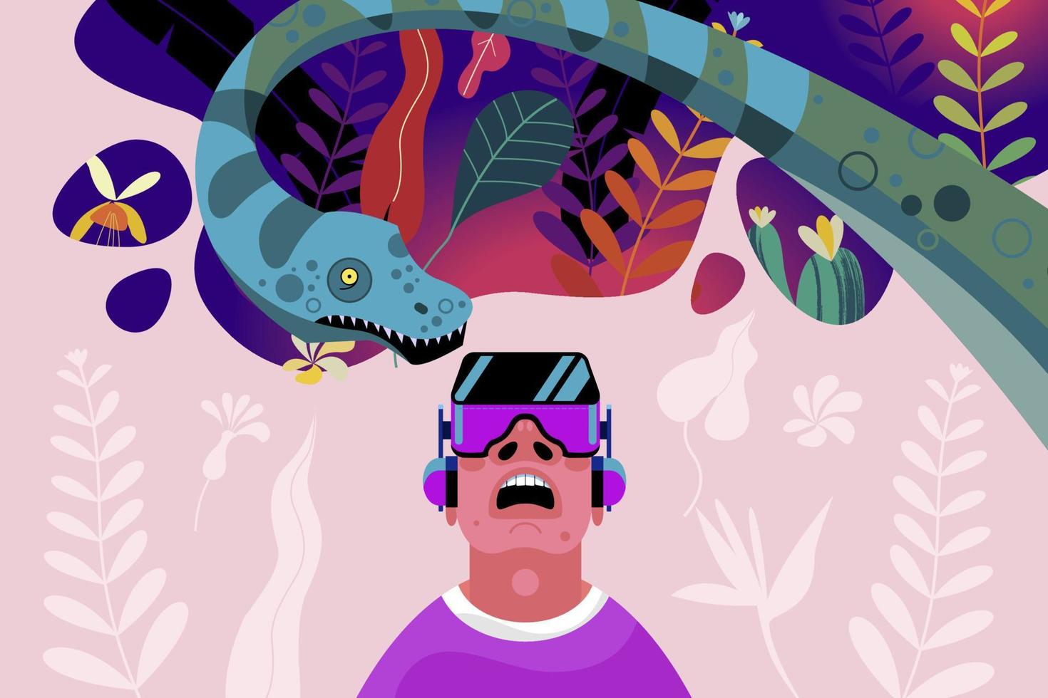 Virtual reality. The man with the glasses of virtual reality in the jungle of the Mesozoic period among the dinosaurs and tropical plants. vector