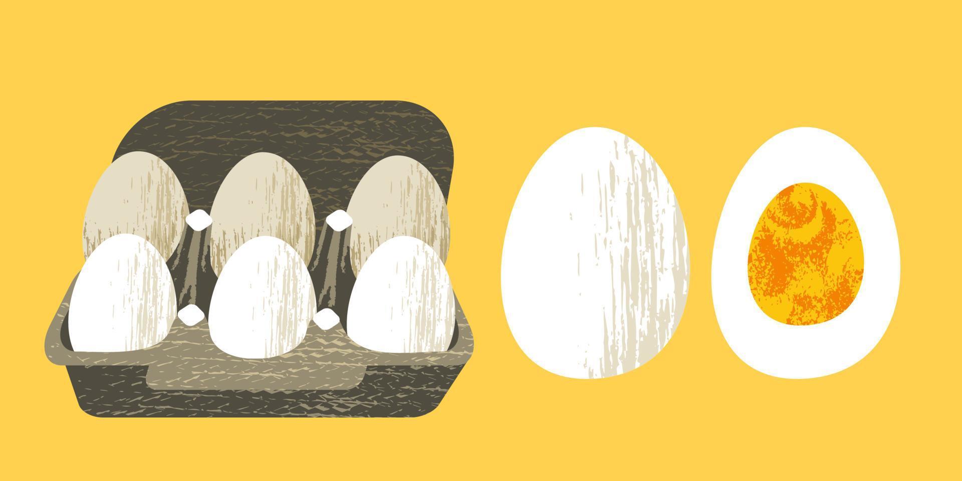 Set of 6 fresh eggs in a cardboard box. Half a boiled egg. Healthy and tasty food. Vector illustration on yellow background. Flat style.