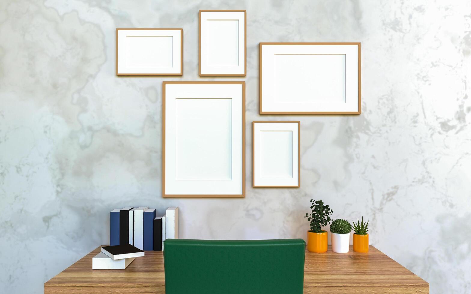 The working room is decorated with a table. Picture Frames and Small Plant Pots photo