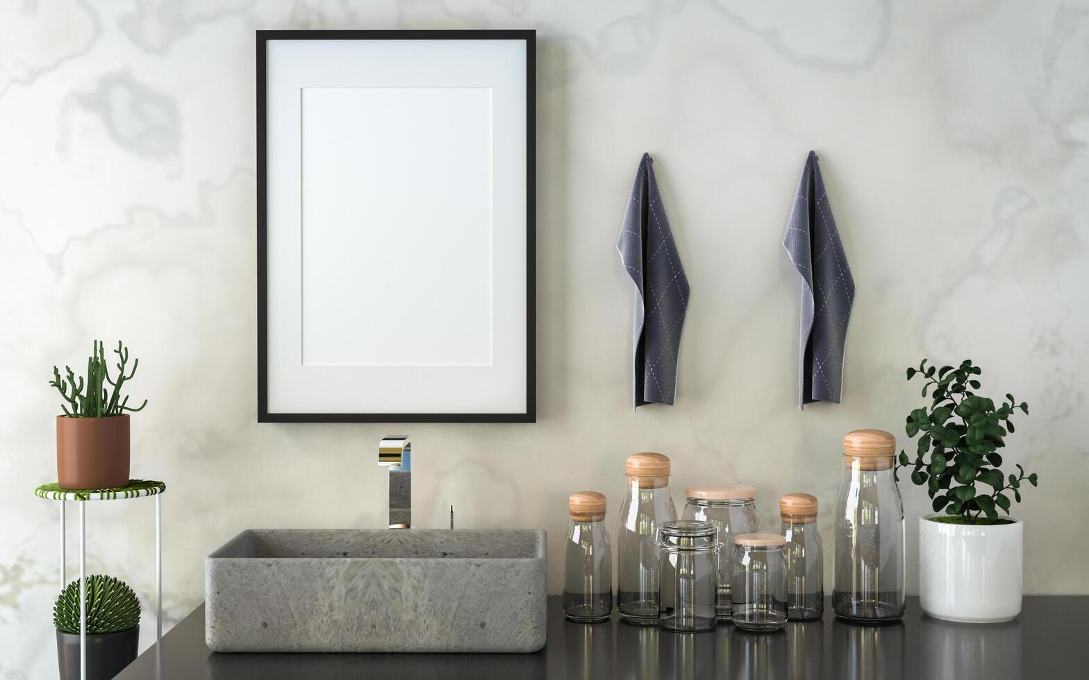 Bathroom with washbasin with picture frame attached to the wall photo