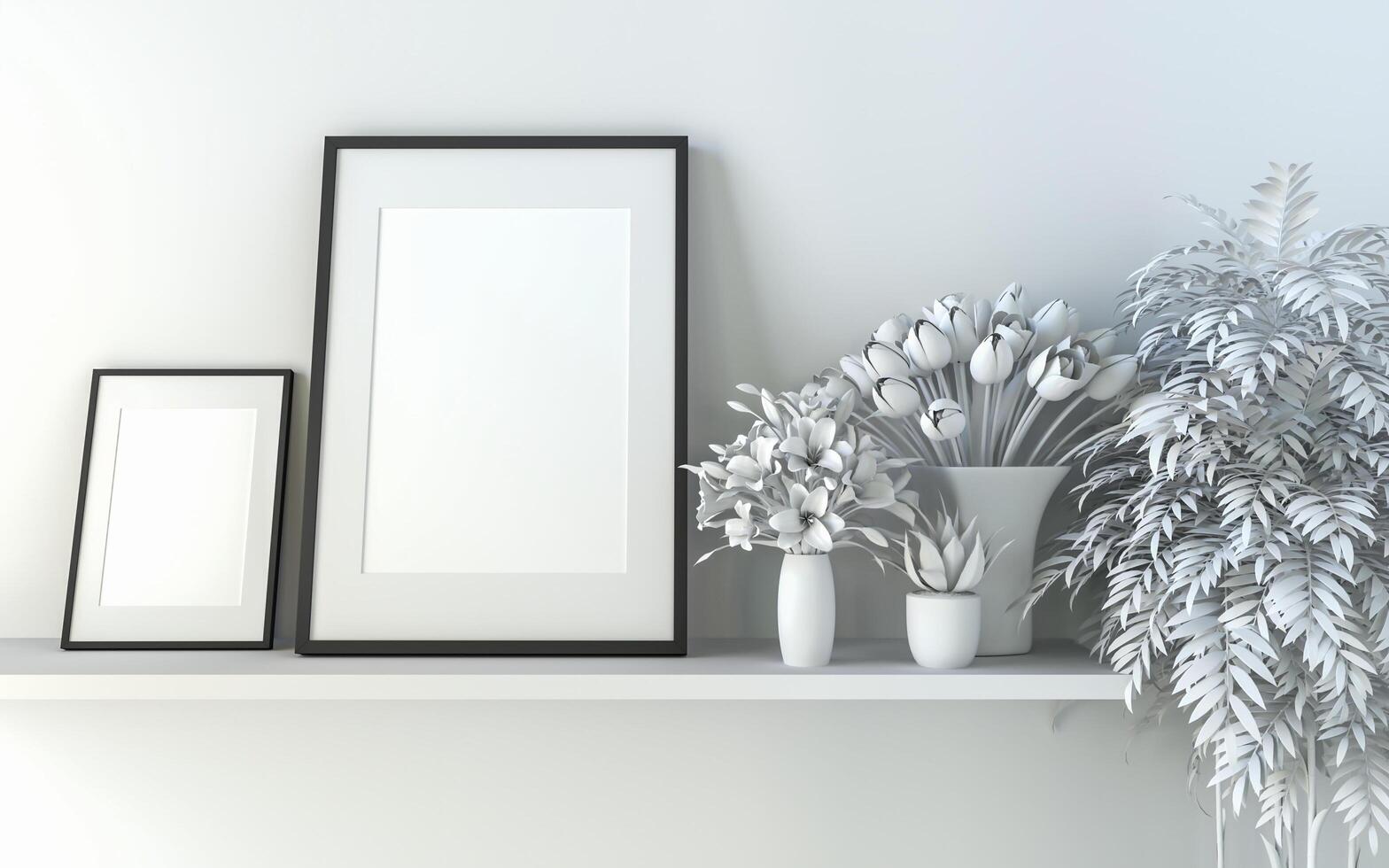 The living room is decorated with furniture, small plant pots and picture frames. photo