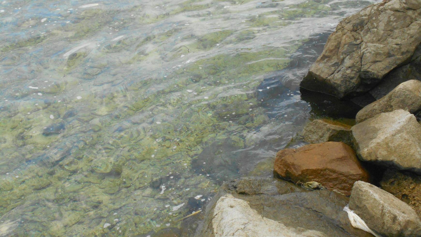 Sea waves lash line impact rock on the beach. photo