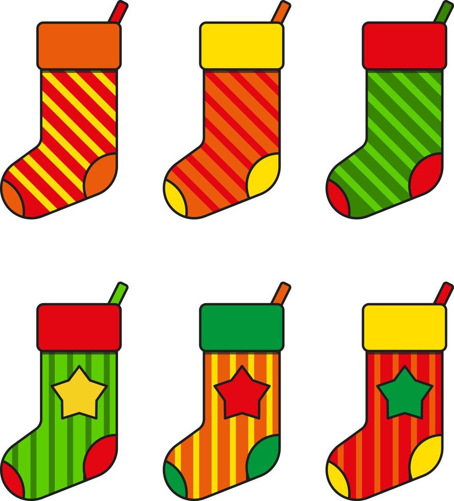 Conjunto de coloridos calcetines de Navidad, ilustración vectorial. calcetines con líneas y estrellas vector