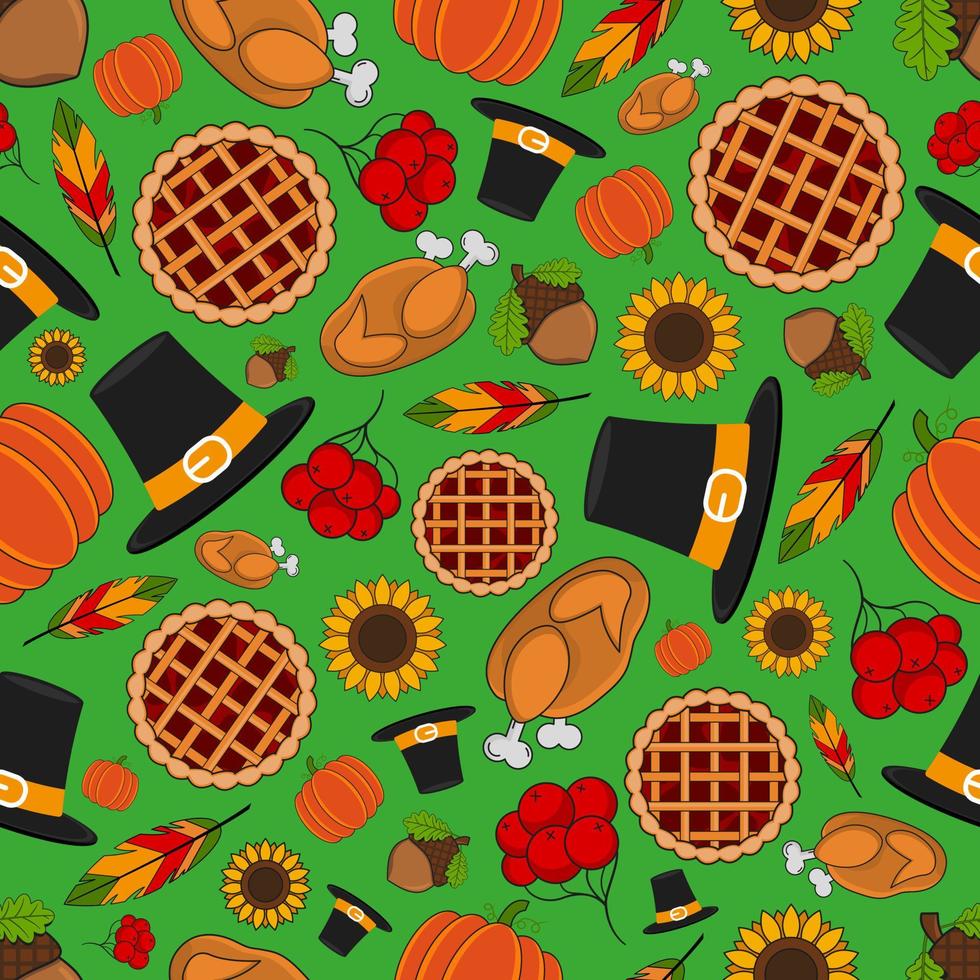 Vector seamless Thanksgiving Day pattern with turkey, pie, pumpkin, pilgrim hat, leaves, rowan berries and feathers