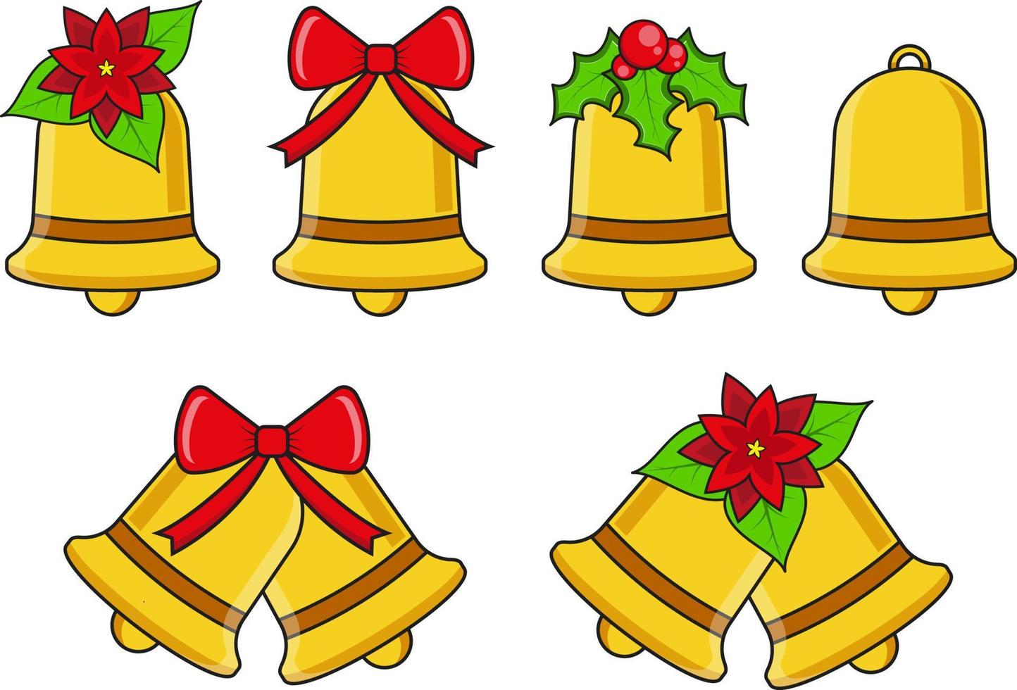 Christmas bells set with bow, mistletoe and flowers vector