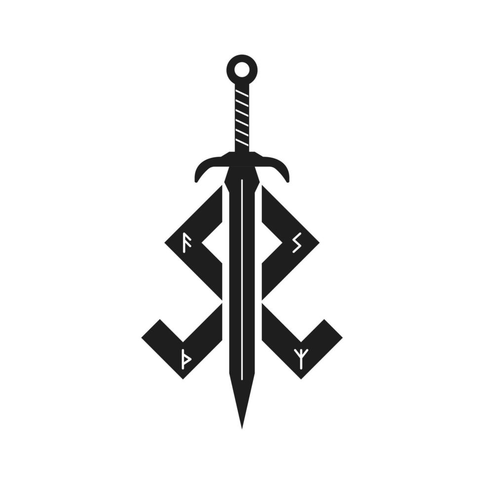 Viking sword logo. Sword with Odal rune and small runes vector