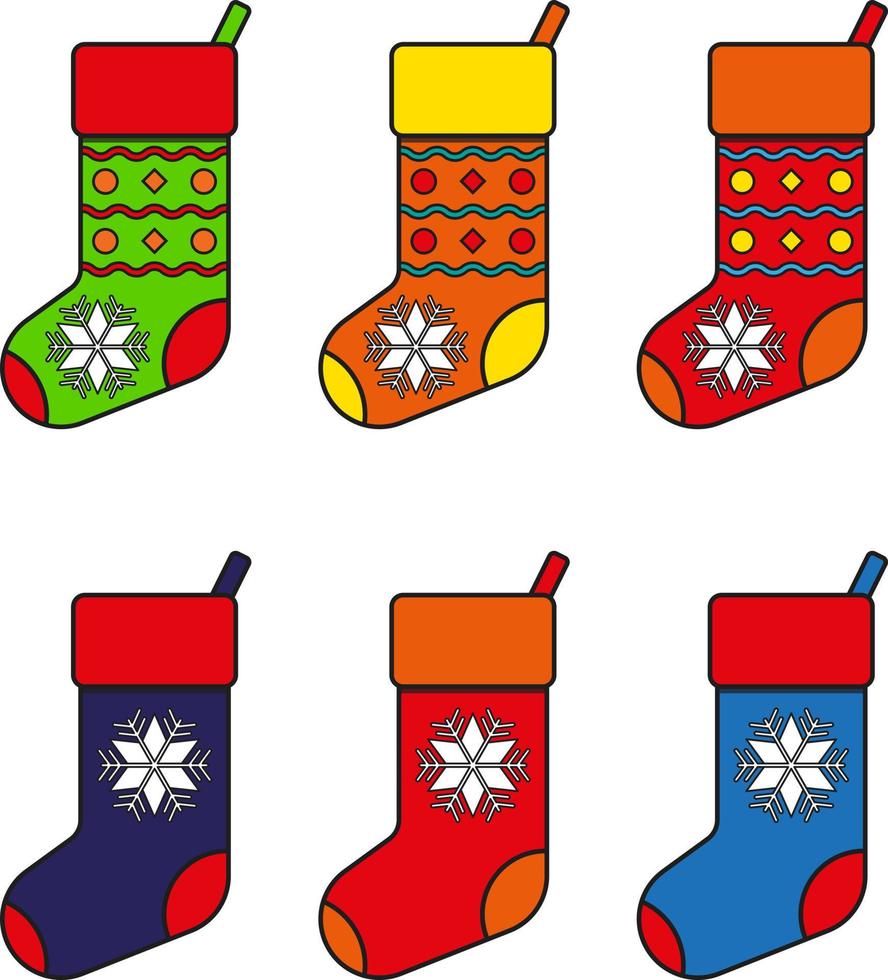 Conjunto de coloridos calcetines de Navidad, ilustración vectorial. calcetines con líneas y estrellas vector