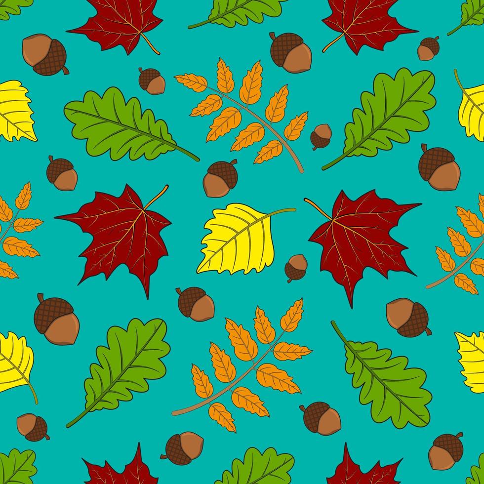 Autumn seamless pattern with leaves and accorns. Beautiful vector background