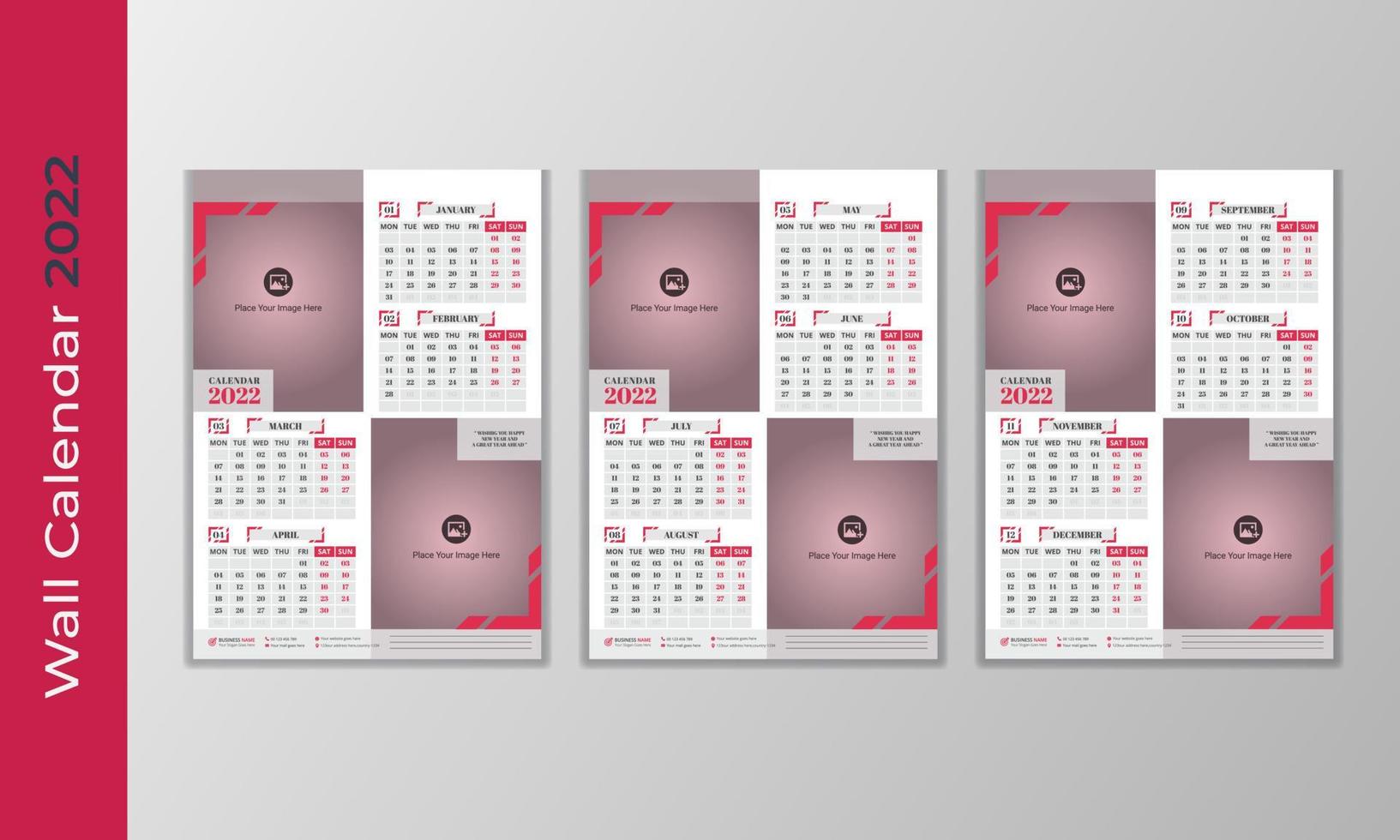Corporate business agency red wall calendar 2022 design template vector