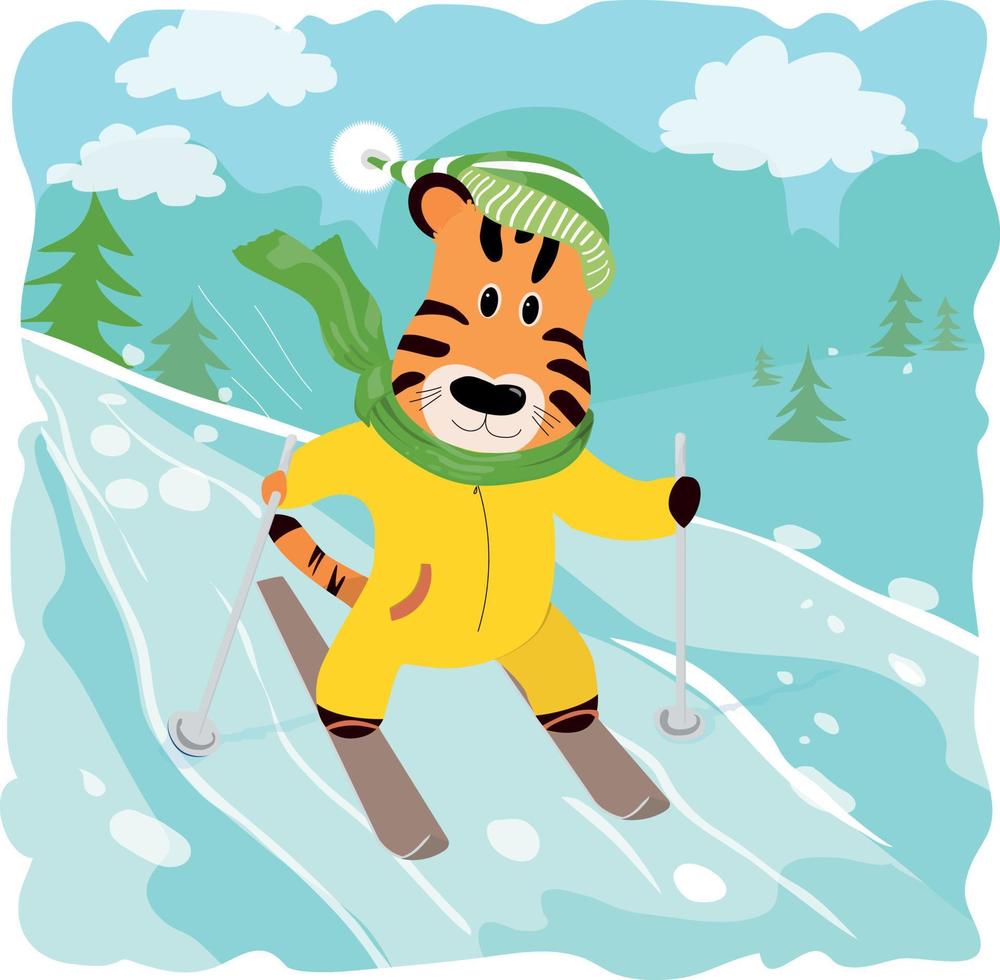 lindo tigre de esquí. vector