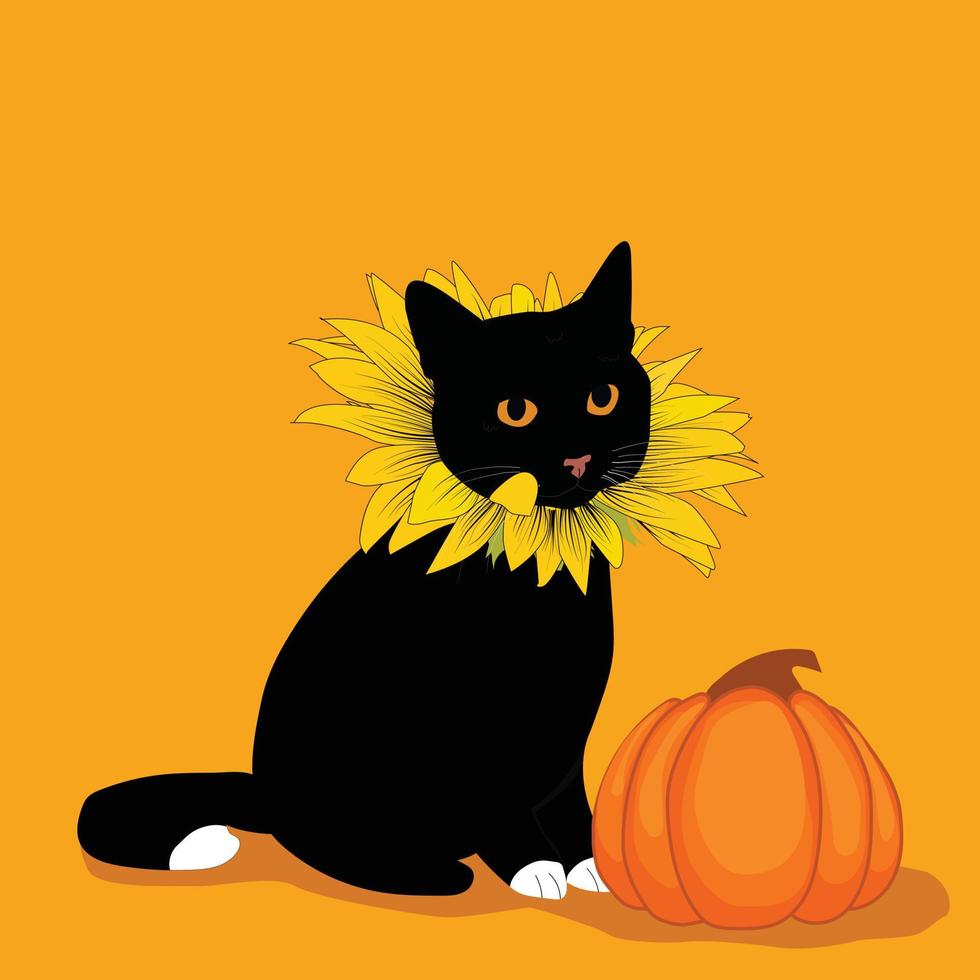 Vector illustration for halloween, black cat with yellow eyes and pumpkin