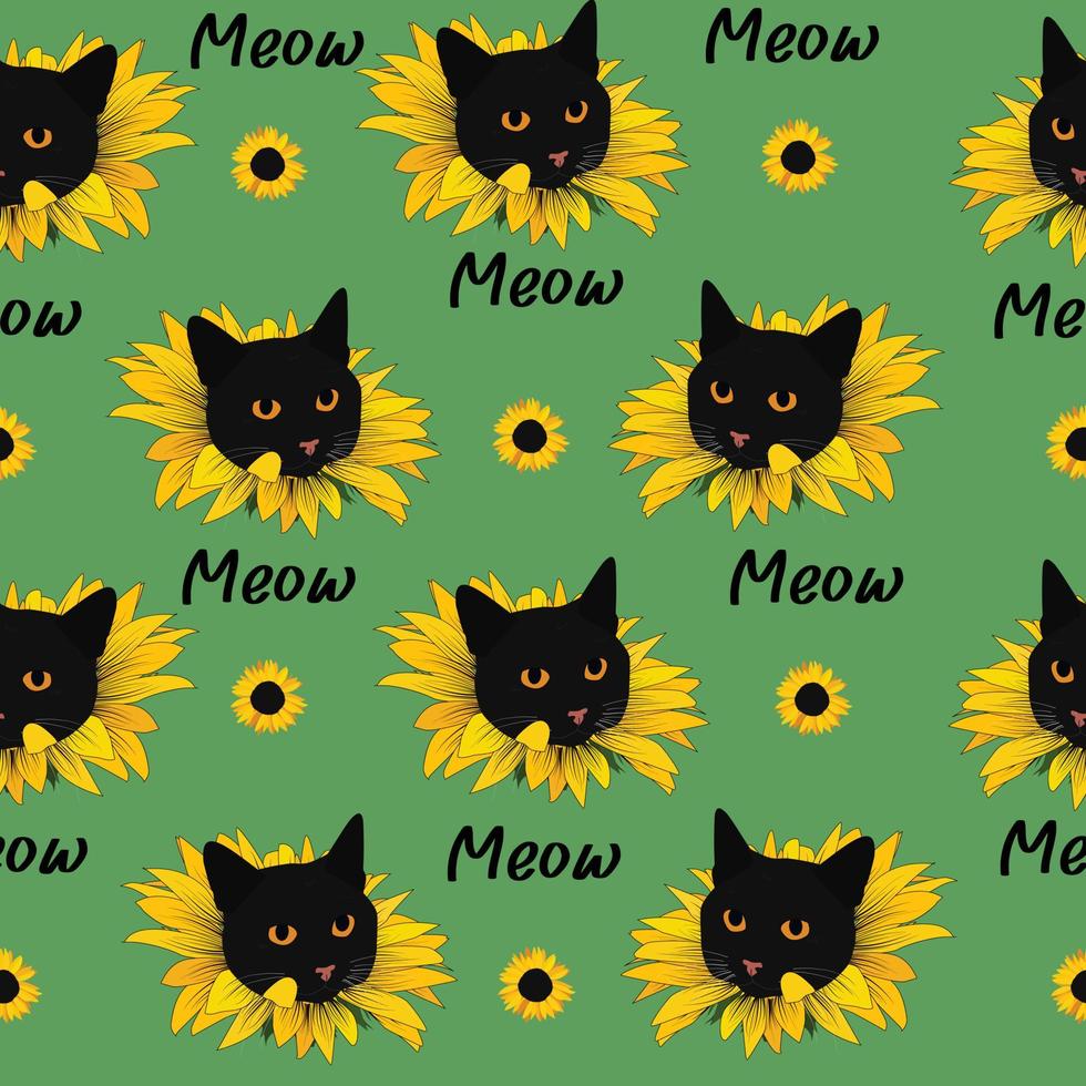 Cat seamless pattern on a green background. Kitten head, sunflower, mew vector