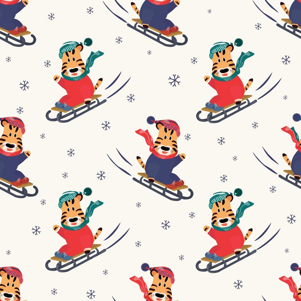 Seamless pattern with cute sledding tiger . vector