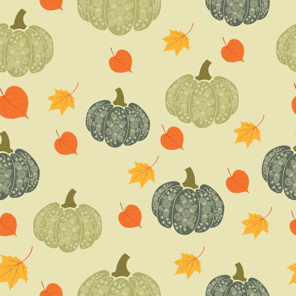 Seamless pattern with pumpkins and falling leaves. vector