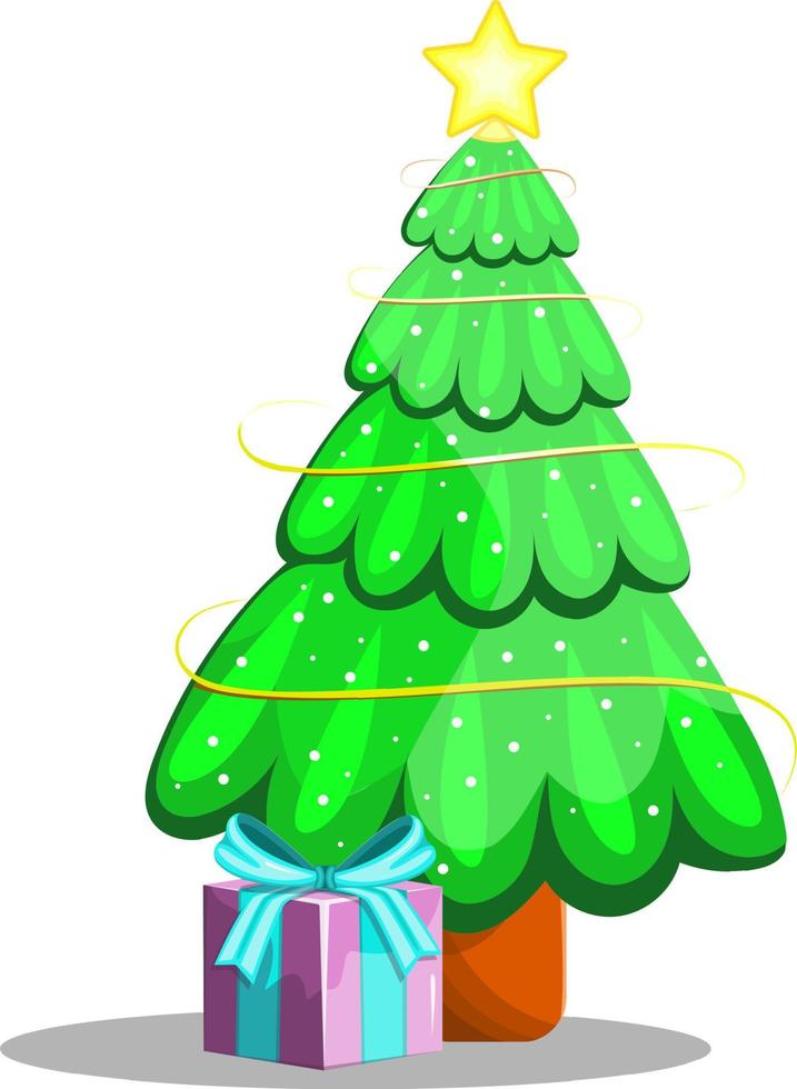 Green Christmas tree with gift box, style cartoon design. Christmas and New Year vector