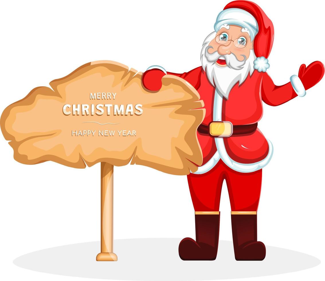 personaje de dibujos animados lindo santa claus con un cartel feliz navidad y próspero año nuevo vector