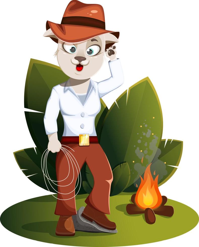 Adventurer cute cat in hat by the fire with rope vector