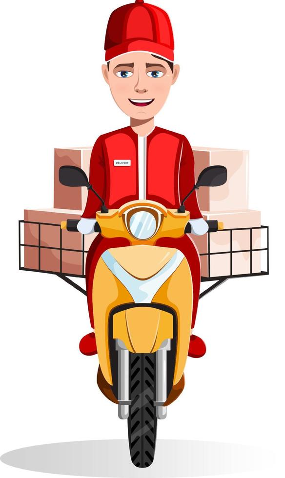 Cartoon professional express courier delivering orders on scooter vector