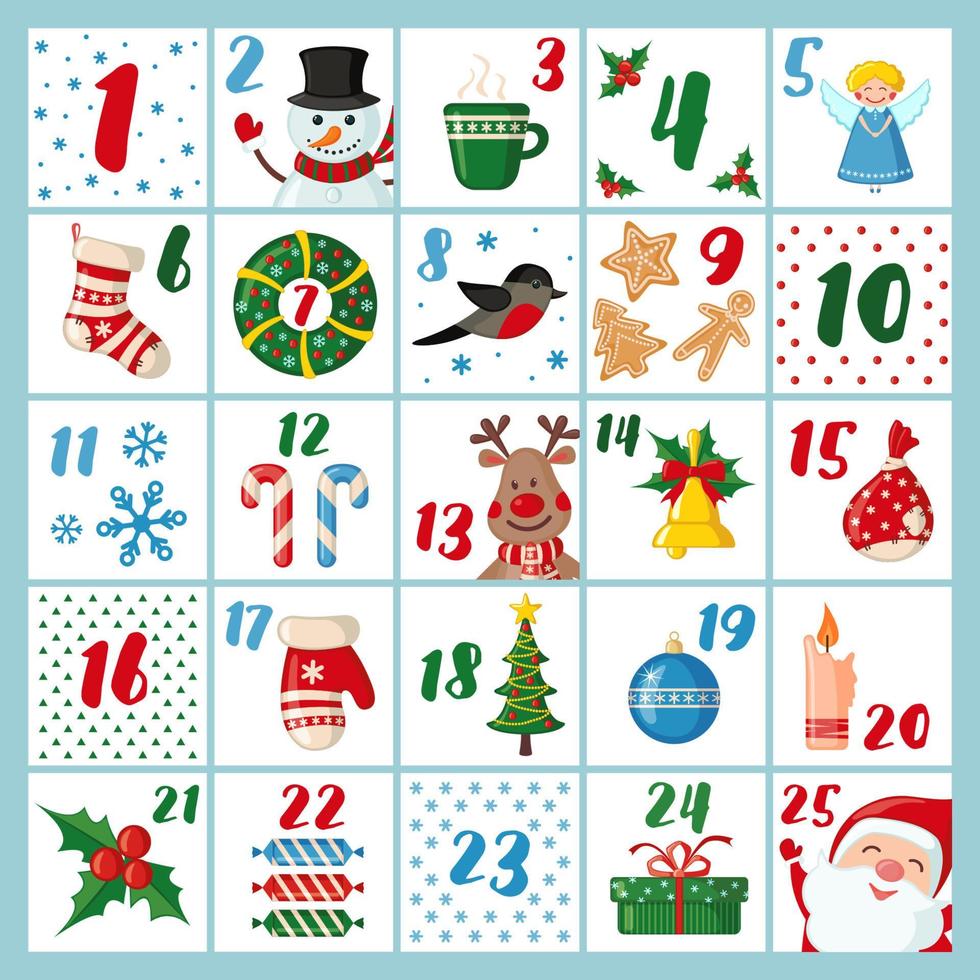 calendario de adviento navideño en estilo plano con elementos navideños: santa, ciervo, copo de nieve, calcetín, regalo. ilustración vectorial. vector