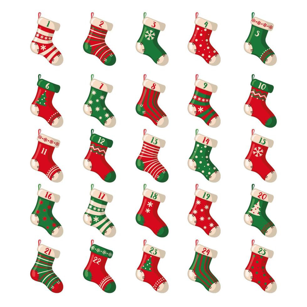 Christmas Advent calendar with funny Christmas socks in flat stryle. Vector illustration.