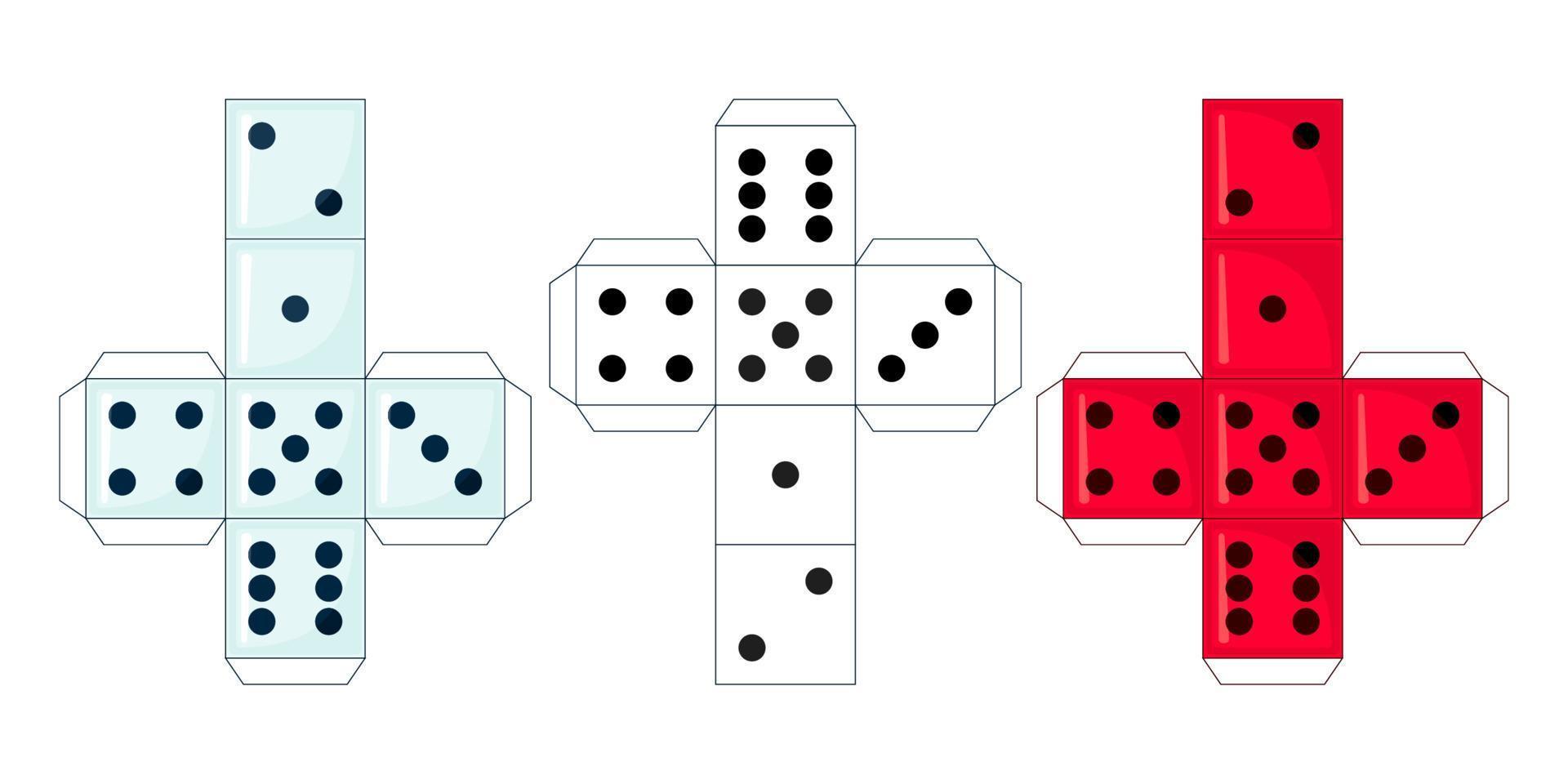 conjunto de plantillas de dados de papel aisladas sobre fondo blanco, esquema imprimible para cortar en papel. diseño para juegos de mesa o de mesa, juegos de azar, casinos. ilustración vectorial. vector