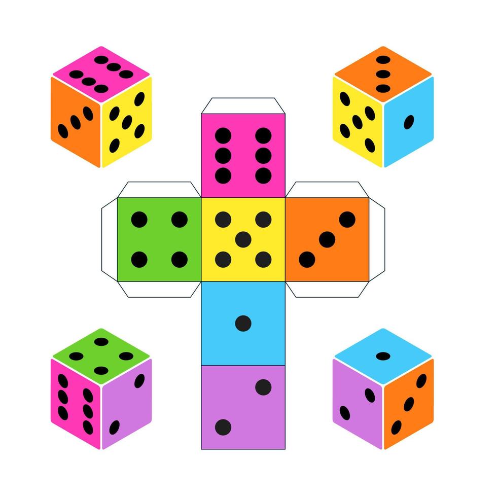 Colorful Paper Dice Template isolated on white background, Printable scheme for cutting from paper. Design for table or board games, gambling, casinos. Vector illustration.