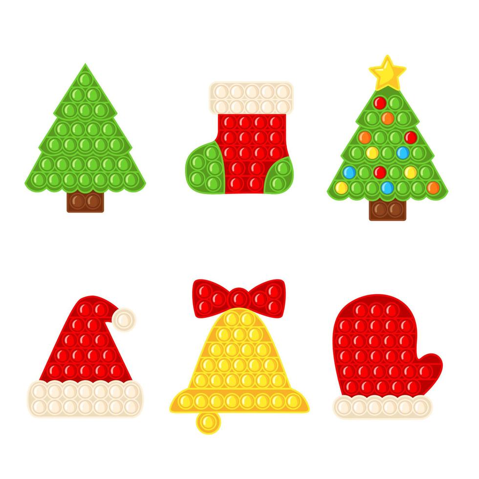 Trendy antistress sensory toy Pop it fidget set in flat style isolated on white background. Christmas elements hand toy for kids with push bubbles. Vector illustration.