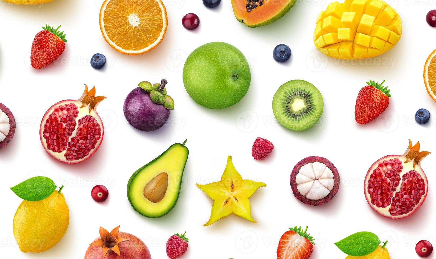 Seamless pattern of different fruits and berries, flat lay, top view photo