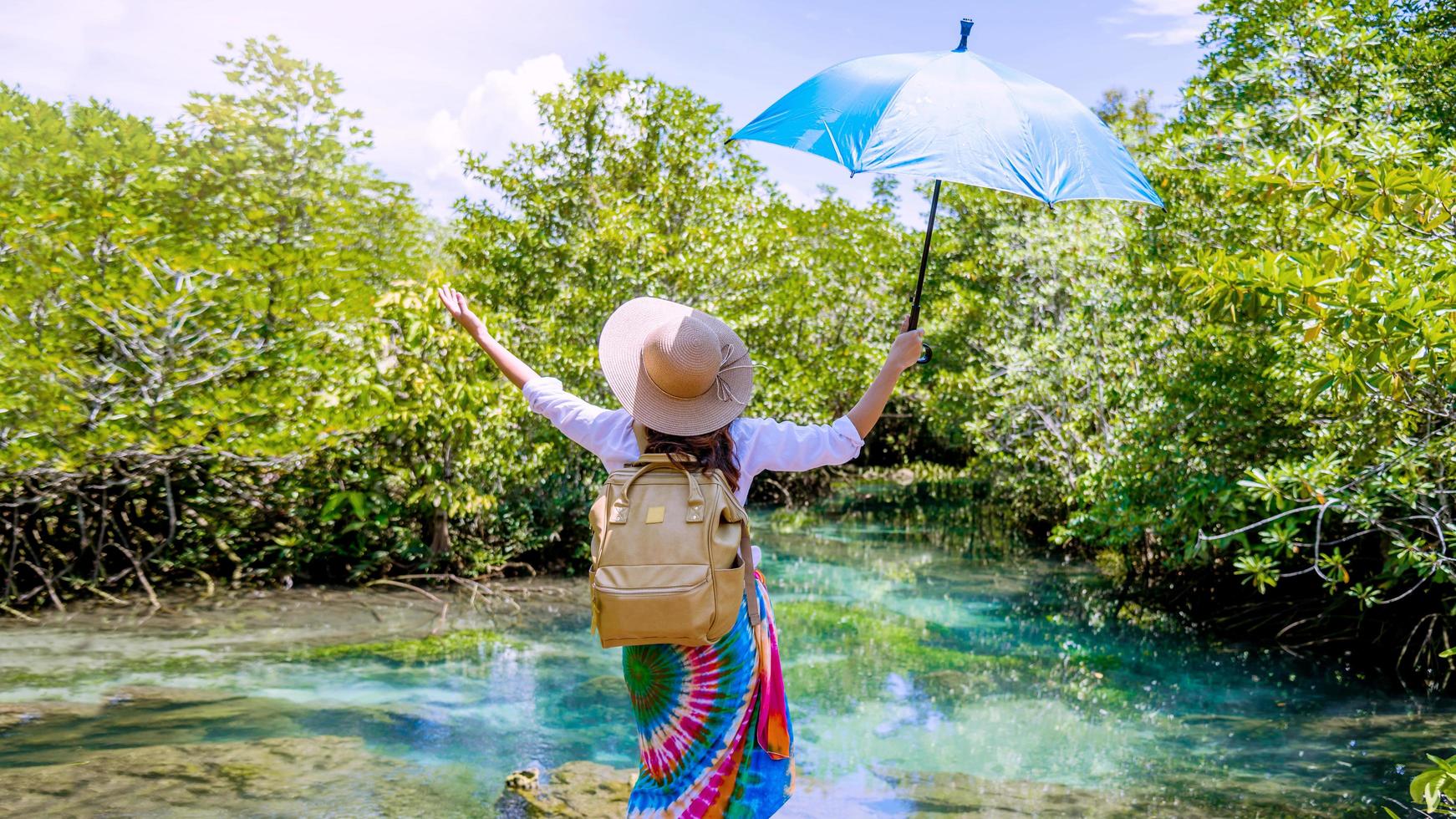 A young traveler girl relax in the holiday enjoying the beauty of nature lake mangrove forest at tha pom-klong-song-nam at krabi. summer, Travel, Thailand, freedom, Attractions. photo