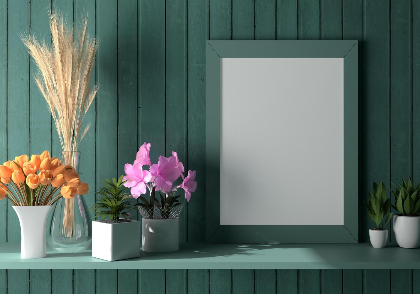 A picture frame on the floor with a flower vase. photo