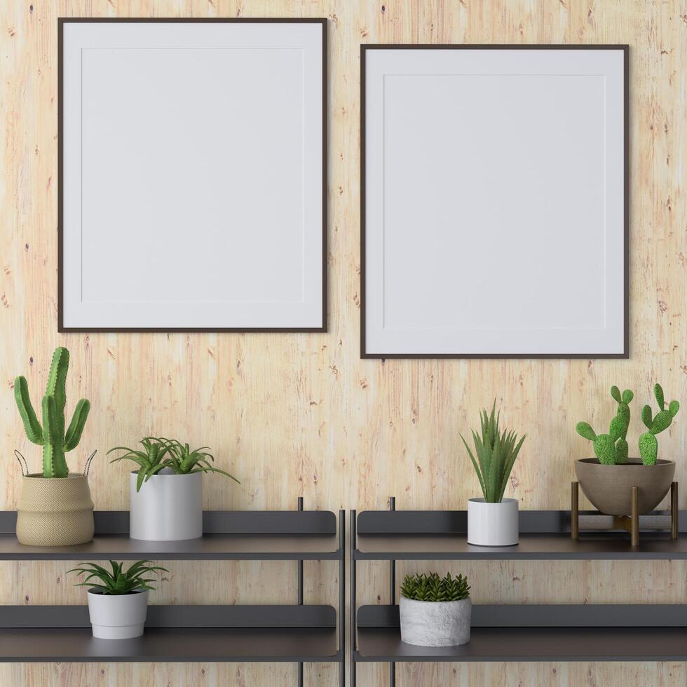 Mock up of poster frame in wooden floor modern interior top of table in living room isolated on light background, 3D render, 3D illustration photo