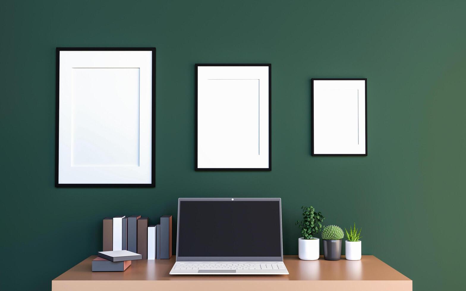 desk with laptop Book and Cactus Pot, 3D style photo