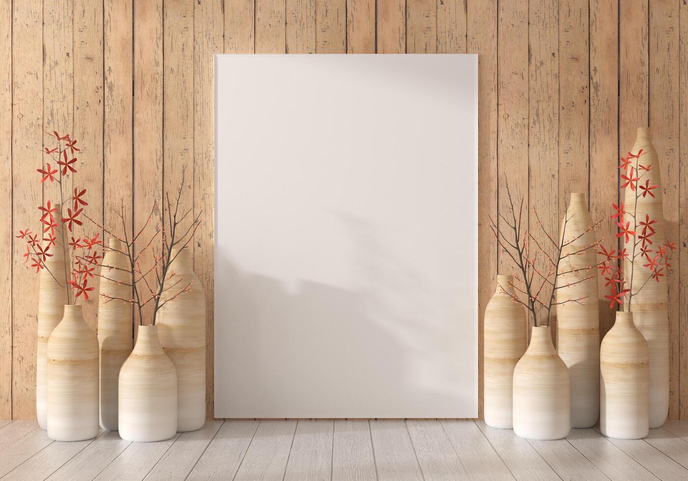 Picture frames with plant pots adorn the living room. photo