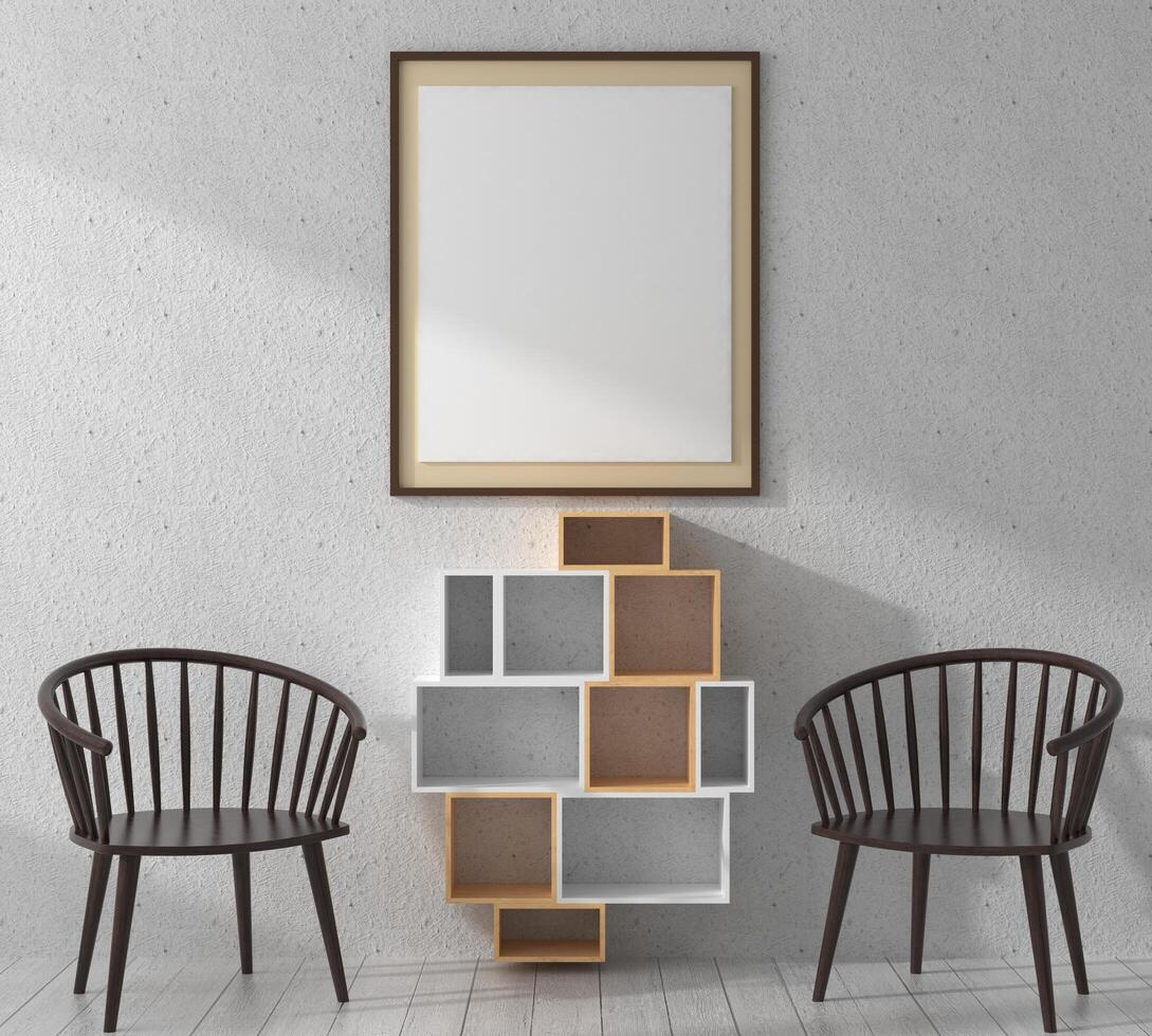 The living room consists of chairs and picture frames on the wall. photo