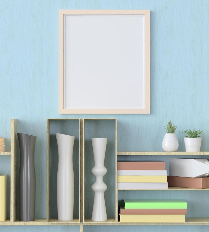 Mock up of poster frame in wooden floor modern interior top of rack in living room isolated on light background, 3D render, 3D illustration photo