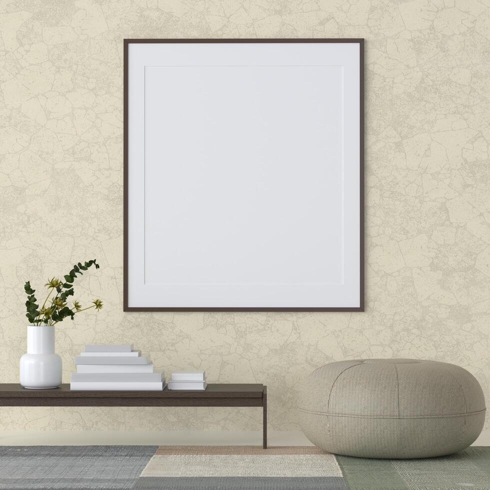 Mock up of poster frame in wooden floor modern interior top of table in living room isolated on light background, 3D render, 3D illustration photo