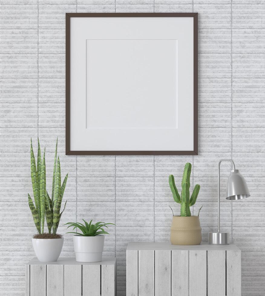 Mock up of poster frame in wooden floor modern interior top of table in living room isolated on light background, 3D render, 3D illustration photo