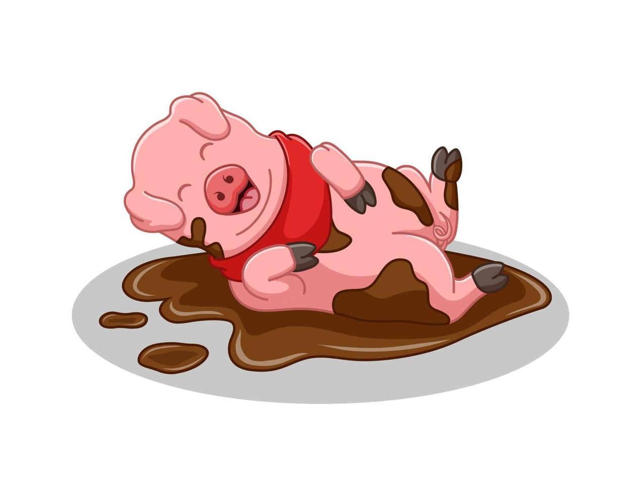 Vector illustration of Cute Pig cartoon lying in the mud