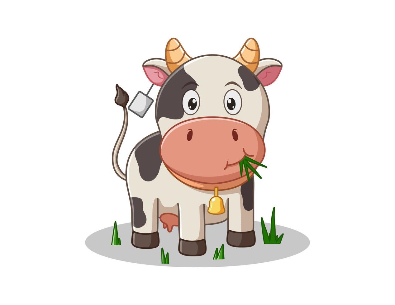 Ilustración vectorial de dibujos animados de vaca linda comiendo hierba vector