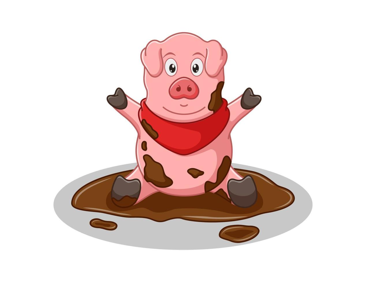 Vector illustration of Cute Pig cartoon sitting in the mud