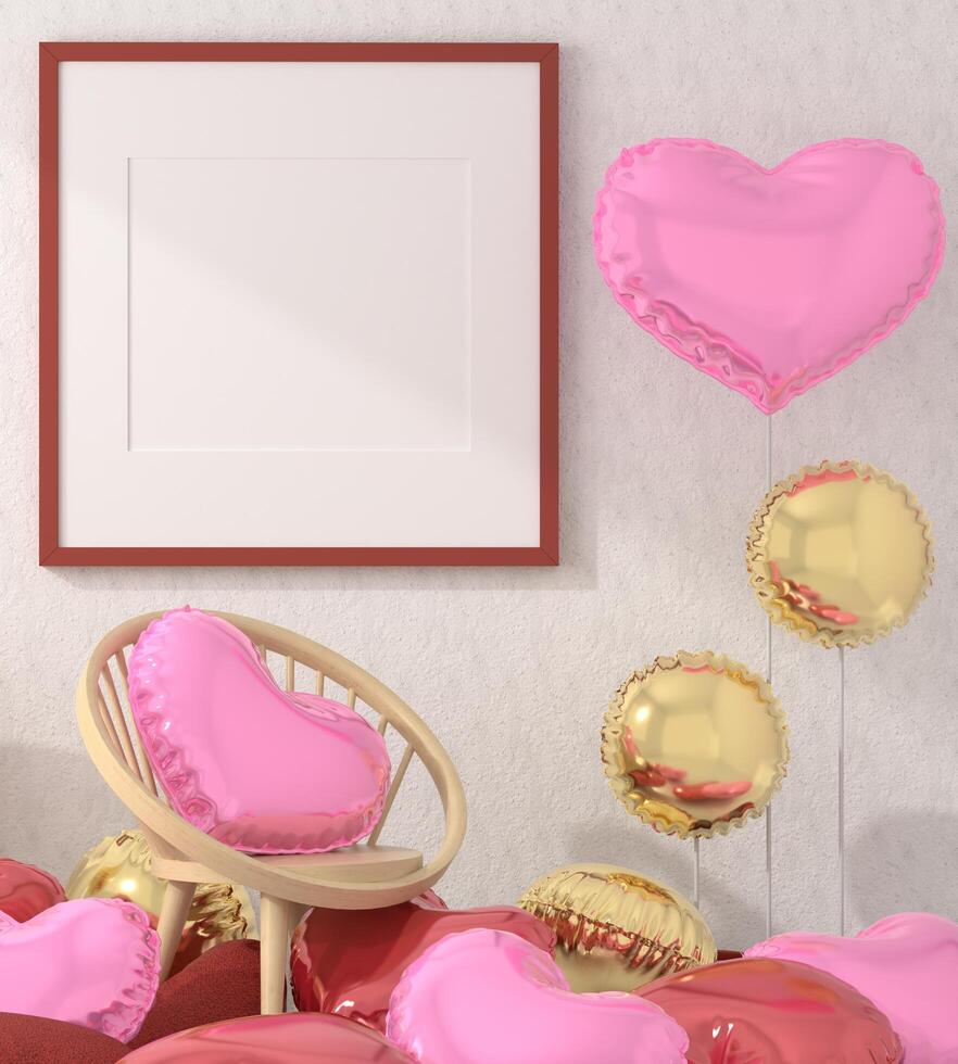 maqueta del marco del cartel en el piso de madera concepto de San Valentín interior moderno detrás de la silla en la sala de estar con globo de forma de amor aislado sobre fondo claro, render 3d, ilustración 3d foto