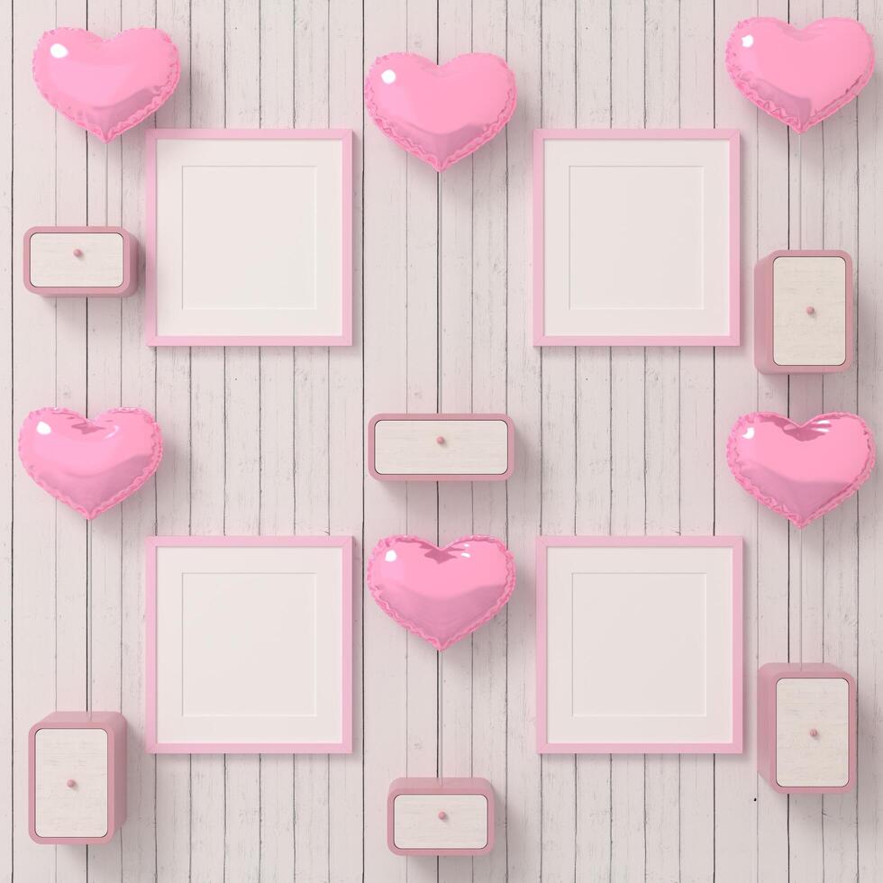 Mock up of poster frame on valentine concept modern interior in living room with love shape balloon isolated on light background, 3D render, 3D illustration photo