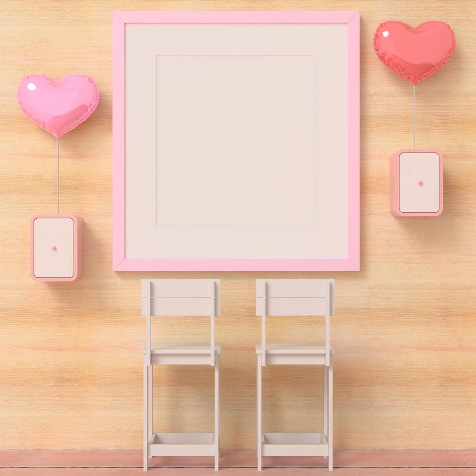 Maqueta del marco del cartel en el piso de madera, concepto de San Valentín, interior moderno detrás de la silla en la sala de estar con globo de forma de amor aislado sobre fondo claro, render 3d, 3d foto