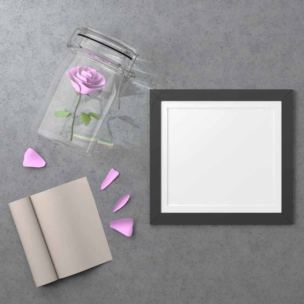 Living room wall photo frame with rose vase, 3D style