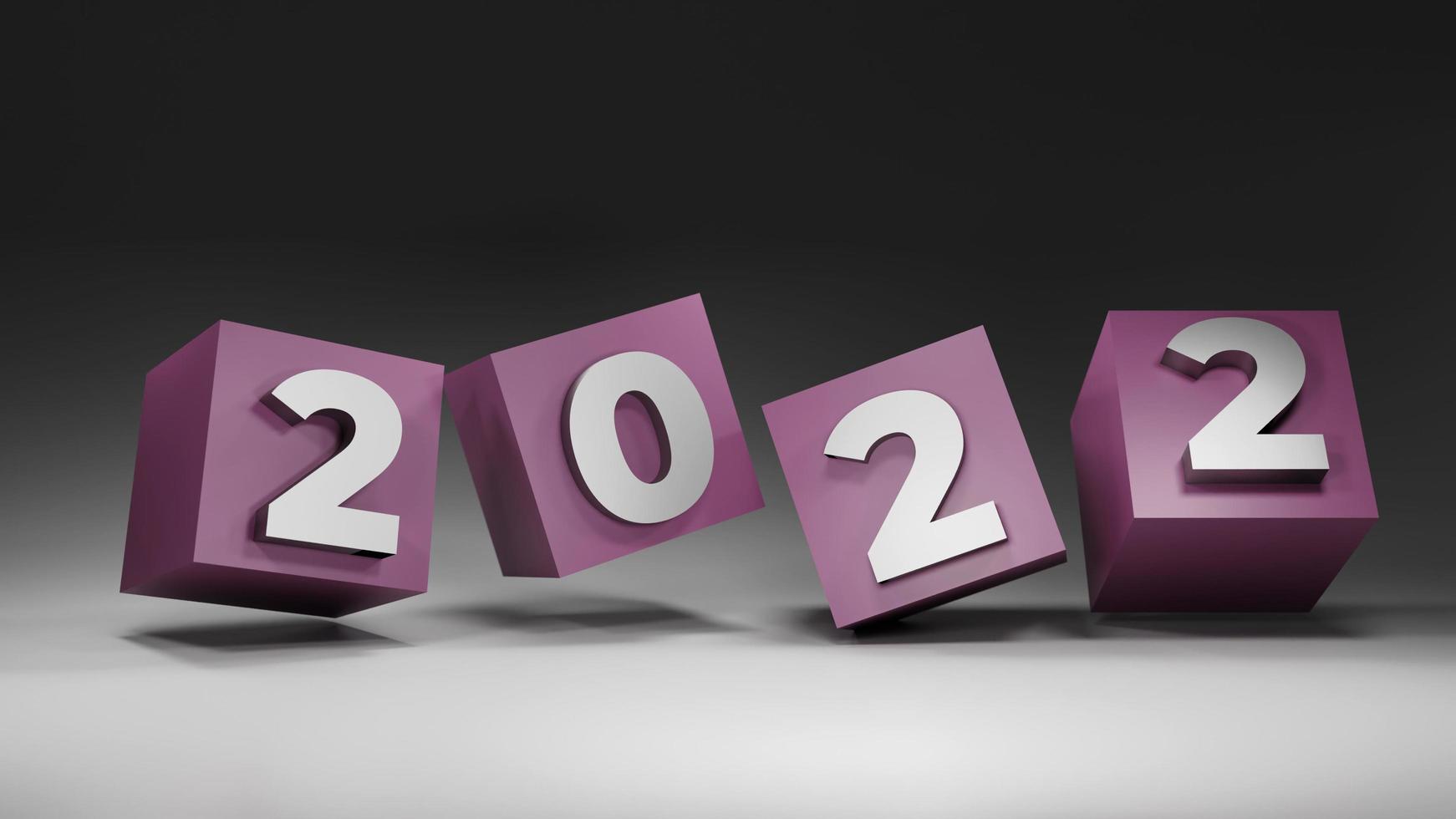 Representación 3D año nuevo 2022 en cubo rosa con fondo gris foto