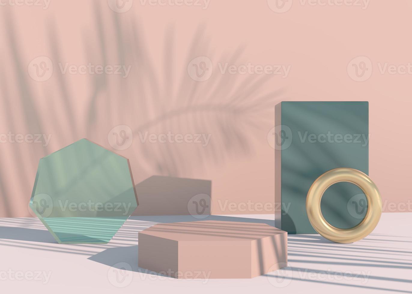 Podio con sombras de hojas de palma para presentación de productos cosméticos. maqueta de fondo de pedestal de escaparate vacío. Render 3D. foto