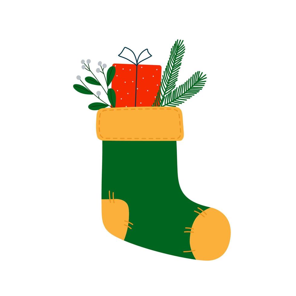 Calcetín navideño verde y amarillo con caja regalo, ramas de muérdago y abeto. elemento de diseño de invierno de Navidad en estilo doodle. vector